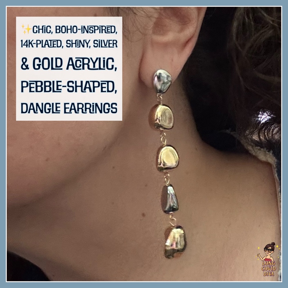 ✨Chic, 14k-Plated, Shiny, Silver & Gold Acrylic, Pebble-Shaped, Dangle Earrings
